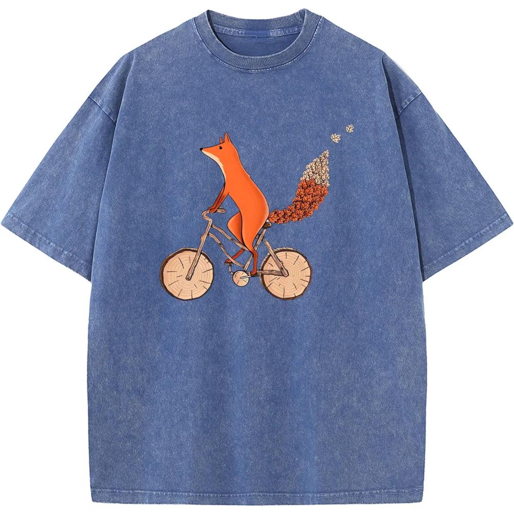 Мужская стираная футболка Fox Bicycle, летняя хлопковая отбеленная футболка, винтажные свободные повседневные футболки, модная свободная отбеленная футболка