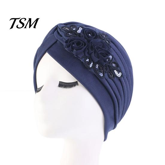Winter Hat Women Good Stretch Wind-proof Tear-resistant Anti-shrink Brimless Warm Sequin Trim Flower All Match Turban Fashion Accessory Lady Beanie