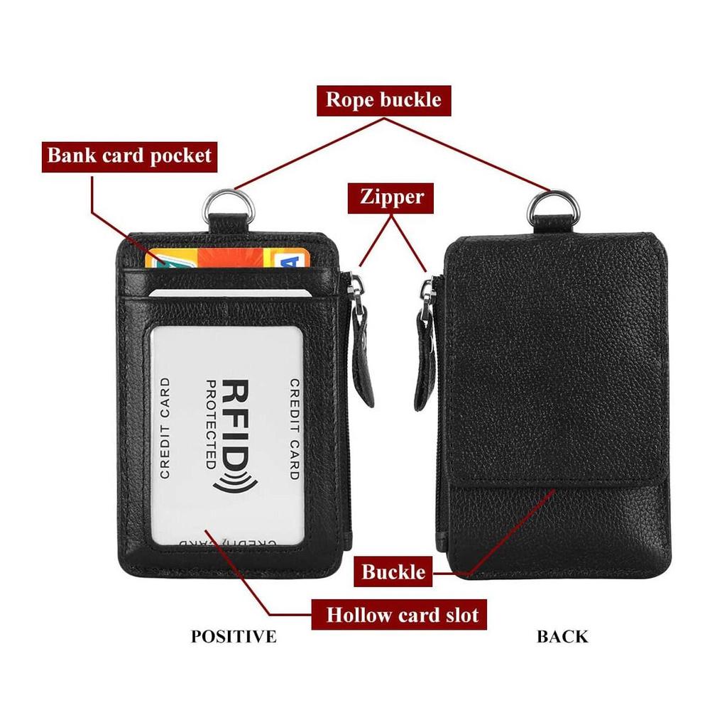 Genuine Leather ID Holder with Zipper RFID Keychain Wallet Neck Lanyards with Swivel Hook for Card/Coin/Cash Black Card Holder