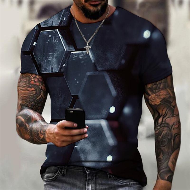 Short Sleeved Round Neck Loose Casual Men's T-shirt, Men's Geometric T-shirt