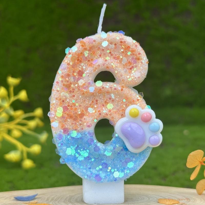 Sequin Cat Paw Dog Paw Digital Birthday Candle Cake Party Decoration First Birthday Celebration
