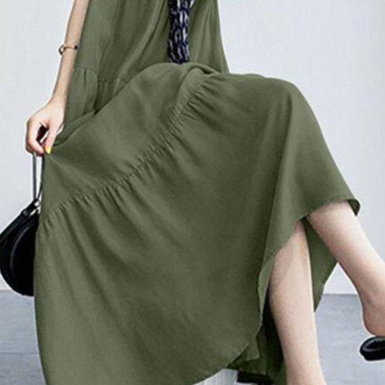 Женское летнее платье без рукавов трапециевидной формы с большим подолом, сплошной цвет, круглый вырез, лоскутное плиссированное мягкое дышащее платье до щиколотки для пляжного отдыха, макси-платье