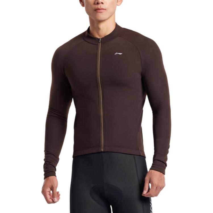 Li-Ning Comfortable Casual Simple Zipper Warm Fitted Long Sleeve Cycling Jersey Men Jersey Brown LCUY095-3