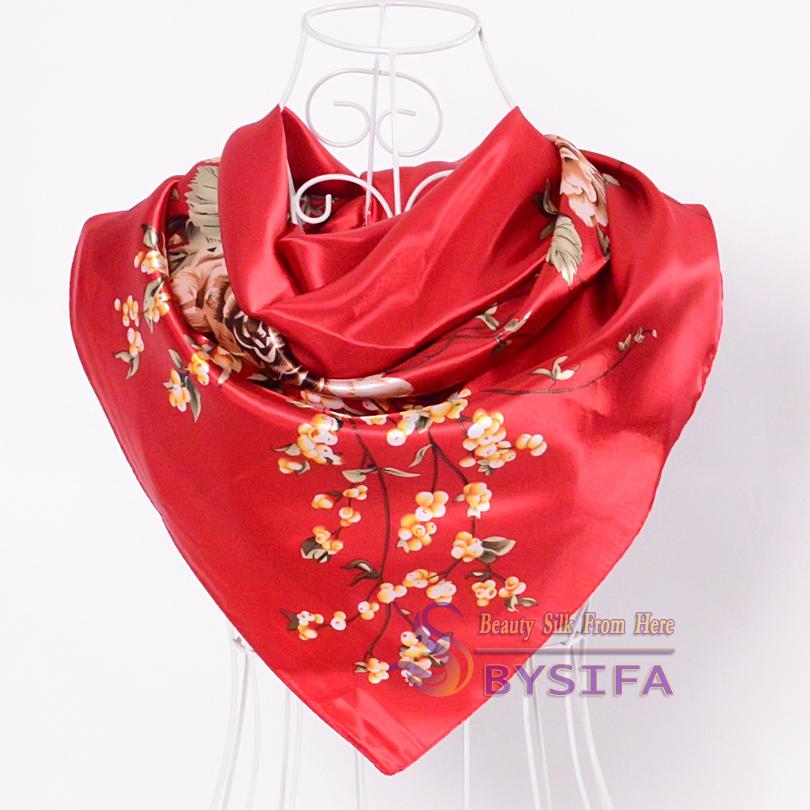 [BYSIFA] Women Rose Silk Scarf Shawl Spring Autumn Large Orange Green Square Scarves Wraps New Design Ladies Head Scarf Cape