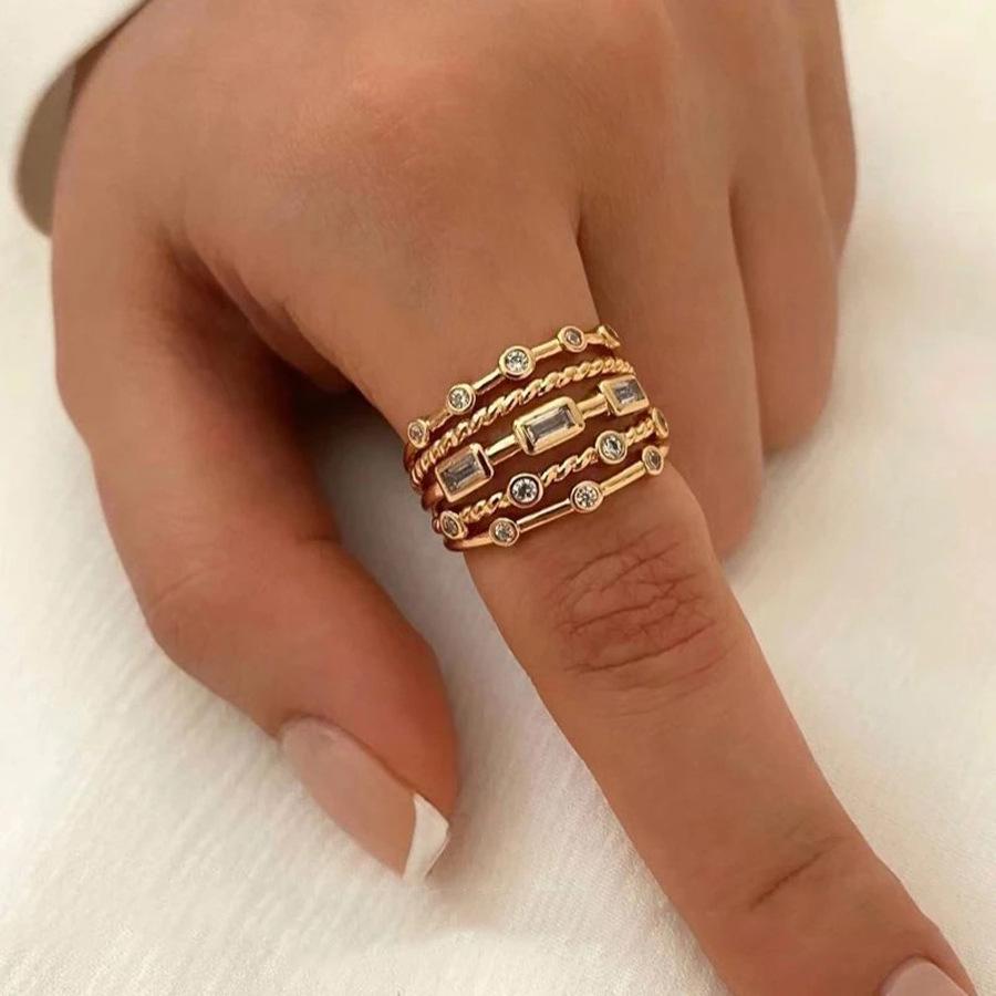 Luxury Gold Color Multilayer Opening Rings for Women Retro Zircon Adjustable Finger Ring Girl Personality Jewelry