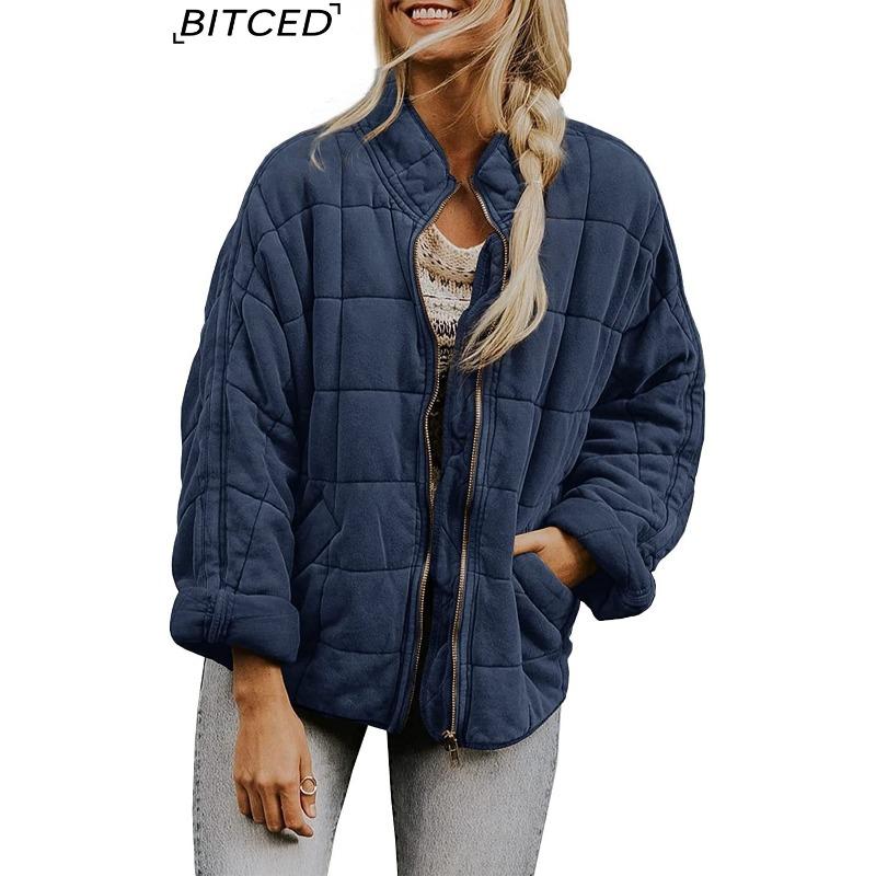 BITCED Solid Colour Stand Collar Cotton Coat - Women's Loose Fit Long Sleeve Pocket Jacket