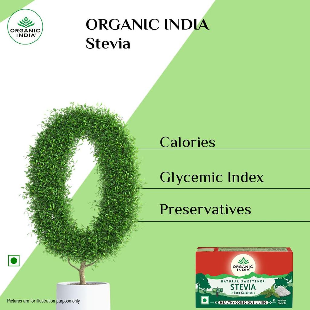 ORGANIC INDIA Порошок стевии 25 пакетиков Натуральный растительный подсластитель без сахара Ноль калорий Низкий гликемический индекс