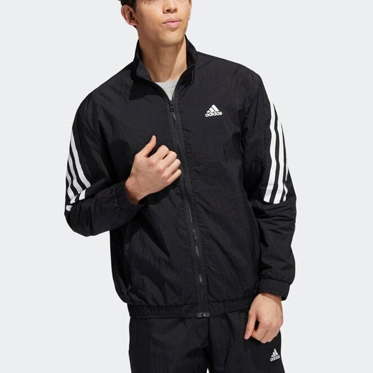 Adidas Classic Three-Stripe Logo Print Zip Jacket Men Outerwear Black HJ9944