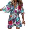 Женское летнее платье с красочным принтом, V-образным вырезом и высокой талией, рукавами «летучая мышь» с нерегулярным подолом, рюшами, свободное мягкое вечернее пляжное мини-платье