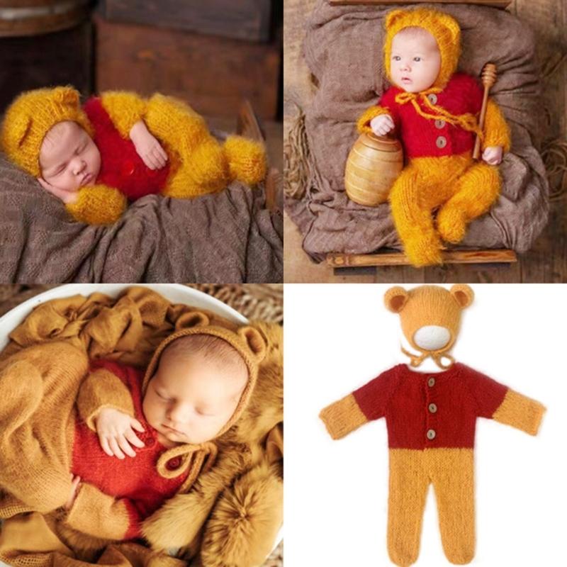2pcs/set Newborn Photography Props Outfits Mohair Bear Hat & Footed Romper for Baby Photo Props Bodysuit Newborn Photo