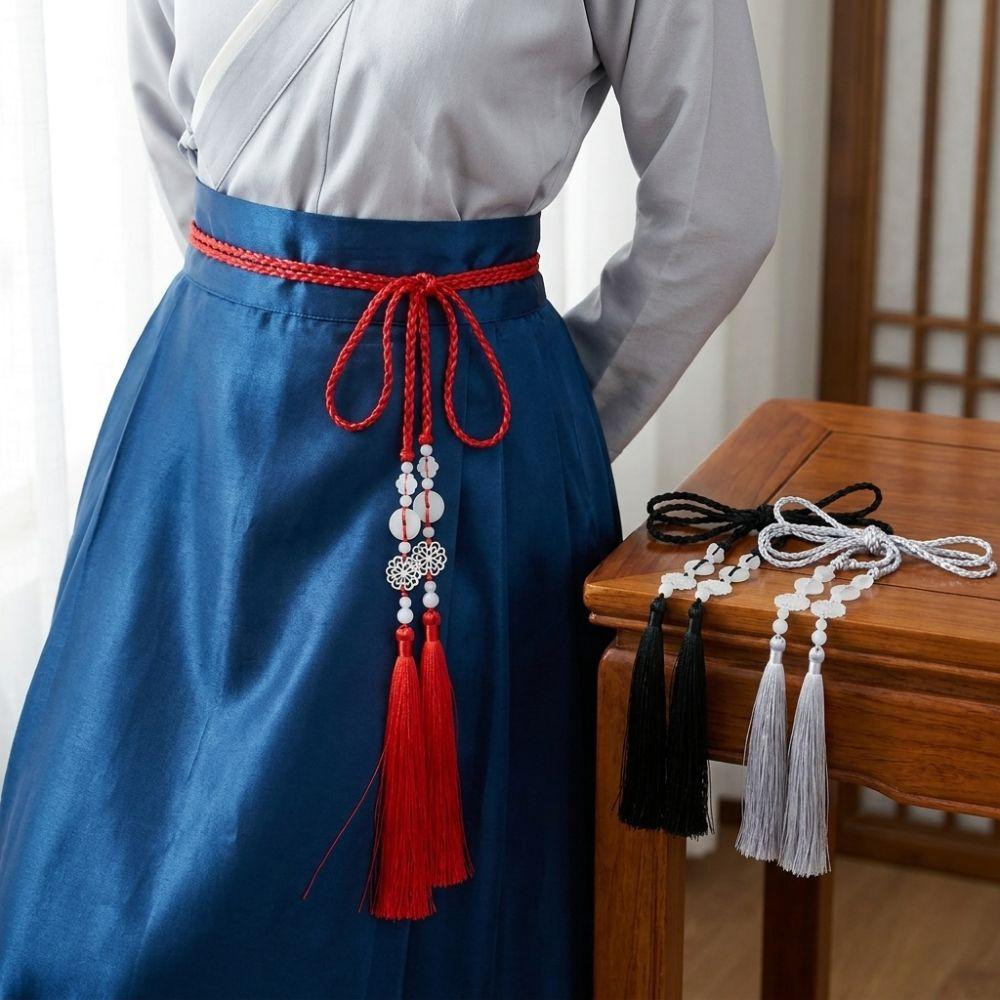 Chinese Style Tassel Sash Traditional Beaded Waist Chain Vintage Ribbon Accessory for Men Women