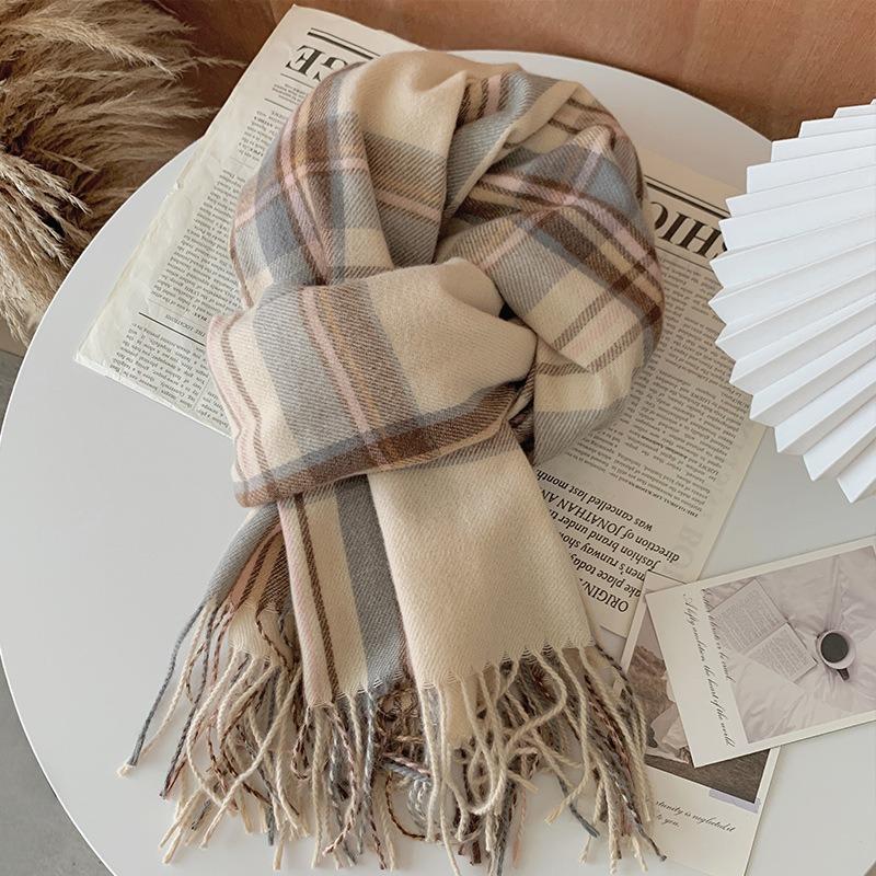 Осенне-зимний клетчатый шарф для женщин, теплая женская шаль с кисточками из искусственного кашемира