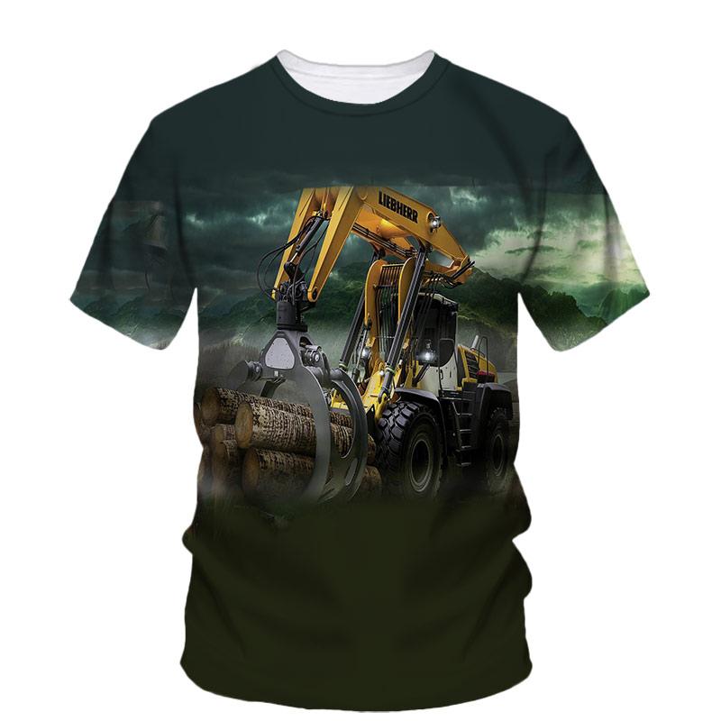 3D All Over Print Short Sleeve T-Shirt, Engineering Loader Lumber Scene Graphic Round Neck Casual Lightweight Top
