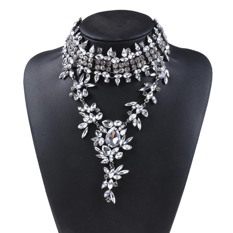 Full Rhinestone Water Drop Pendant Necklace, Exaggerated Collarbone Chain Clothing Accessory For Women