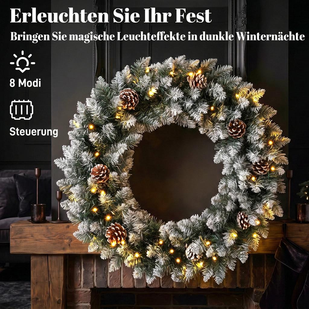 Christmas Wreath 60 cm Lit Door Wreath with 50 LEDs, Pinecones, Artificial Snow, for Christmas Advent Front Door