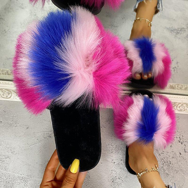 Women Faux Fur Slippers Trend Furry Fur Comfortable Slippers Plush Flats Sandals Casual Fluffy House Shoes Summer Slides Women