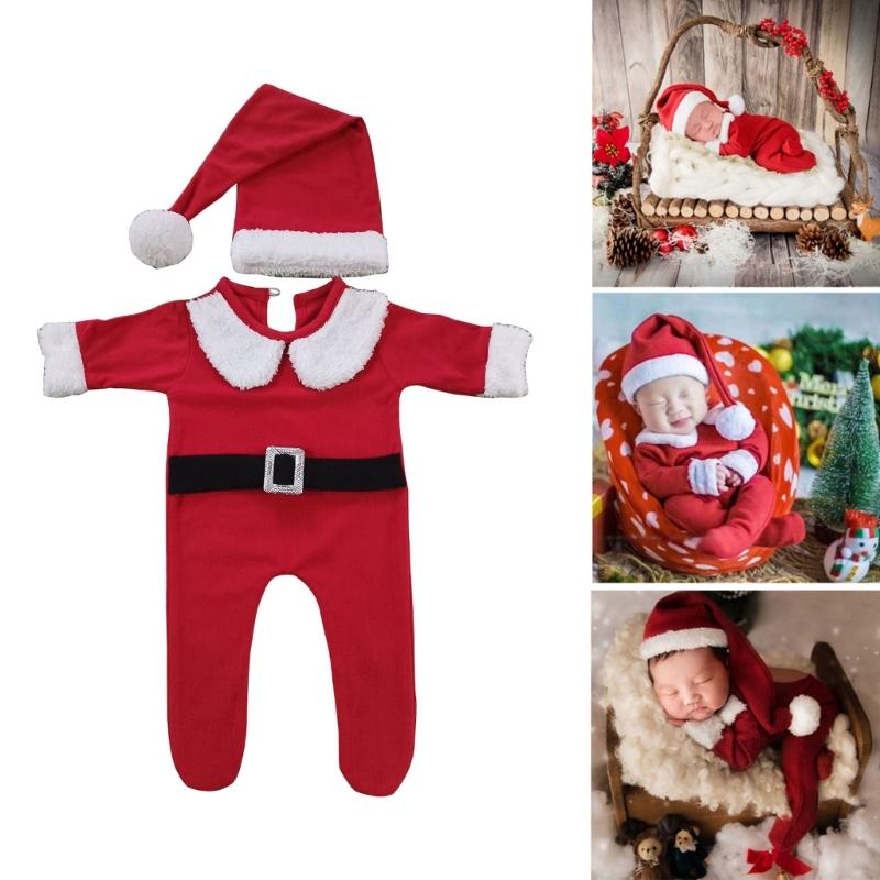 0-1Month Baby Photo Outfit Christmas Jumpsuit Santa Hat Newborn Photography Costume Set Infant Photoshooting Suit 2pcs
