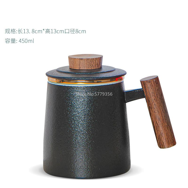 Ceramic Cup with Lid Filtered Tea Water Separating Tea Cup Office Large-capacity Creative Design Mug with Wooden Handle and Gold