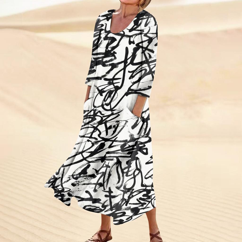 Платье для женщин, весеннее повседневное модное платье в стиле бохо с рукавами 3/4 для праздника, большого размера