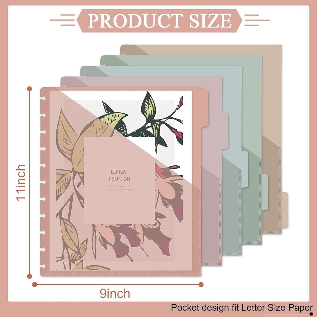 gisgfim 4set 5 Tab Discbound Pocket Dividers 8.5 x 11 with Pockets, Tabs & Colorful Plastic Dividers for Business Office(Boho)