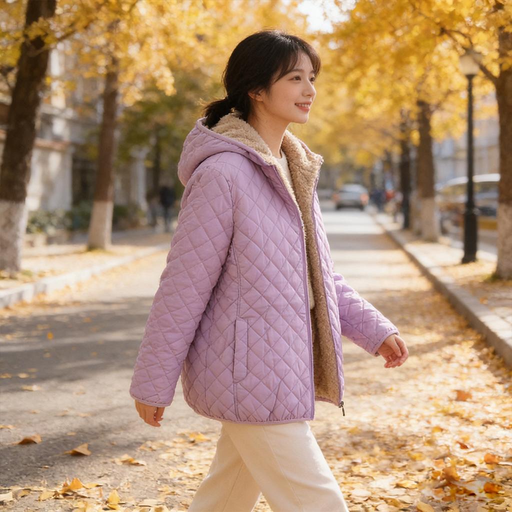 Теплая хлопковая куртка на подкладке Женская большого размера Узкое пальто С капюшоном из овечьей шерсти Застежка Плотная Повседневная Модная Однотонная Верхняя одежда