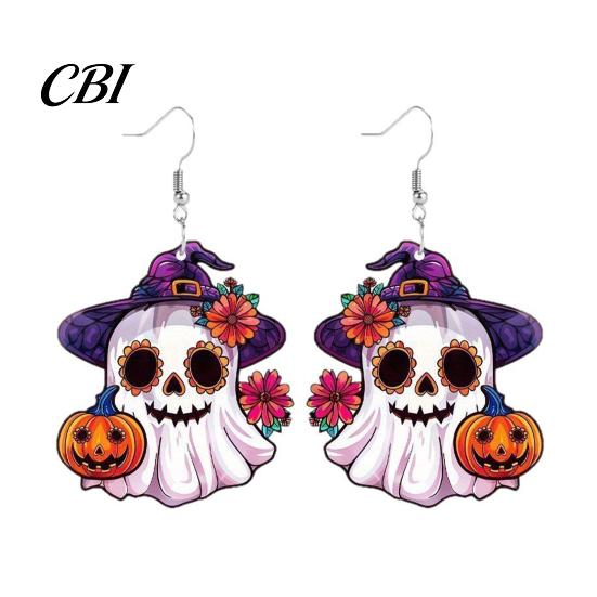 Holiday Party Costume Accessories 1 Pair Mexico Day of The Dead Earrings for Women, Acrylic Hypoallergenic Sensitive Ears Flower Ghost Dangle
