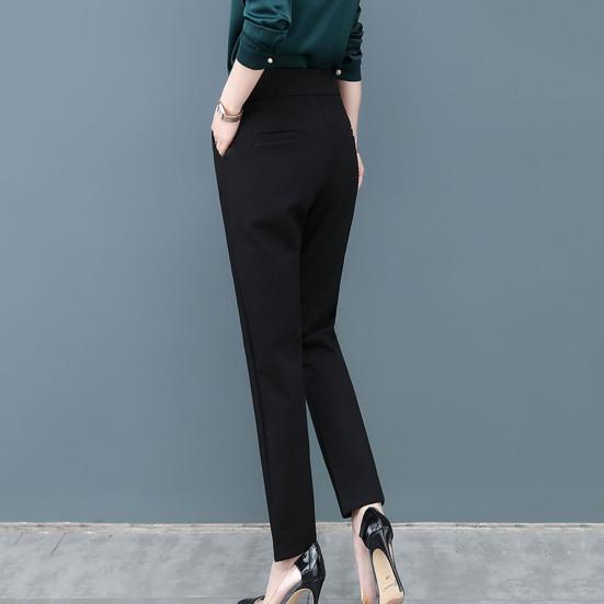 Women Solid Color Suit Pants High Waist Elastic Waistband Slant Pockets Slim Fit Casual Long Trousers Workwear