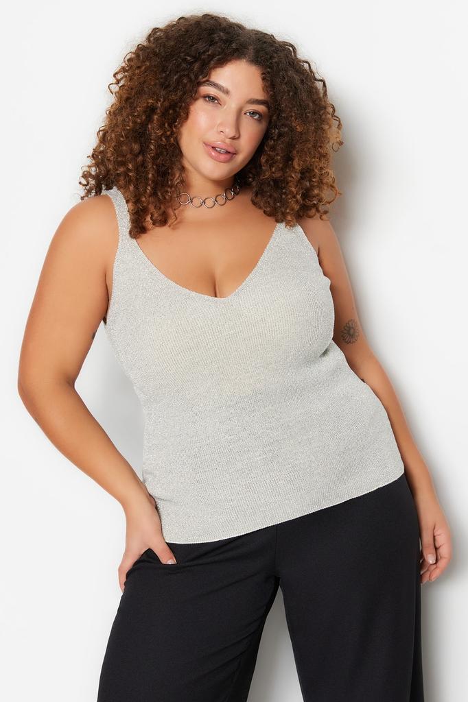Women's Style Plus Size Gray Strappy Fine Knitted Glitter Blouse
