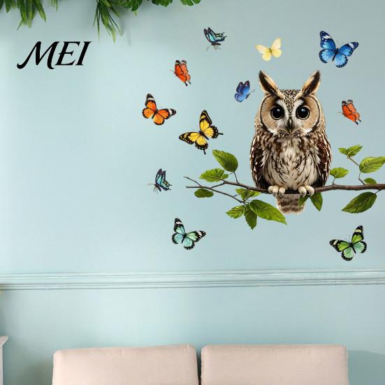 Removable PVC Home Decoration Owl Butterfly Wall Sticker, Forest Animal Illustration Decorative Decals, Seasonal Interior Ornament Waterproof