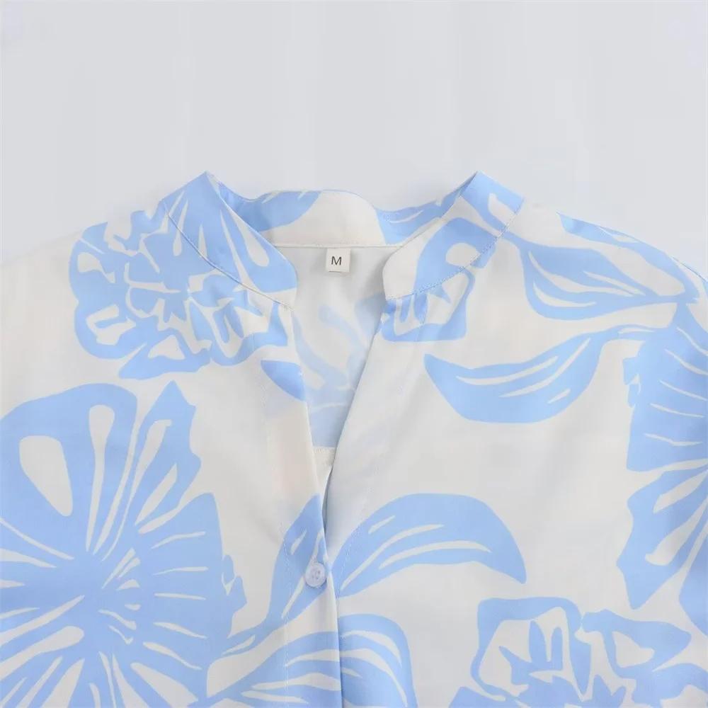 Pajamas Women's 2 Piece Set Blue Printed Long Sleeve Button-Down Shirt High Waist Pants Sexy Pajamas Home Set New Style