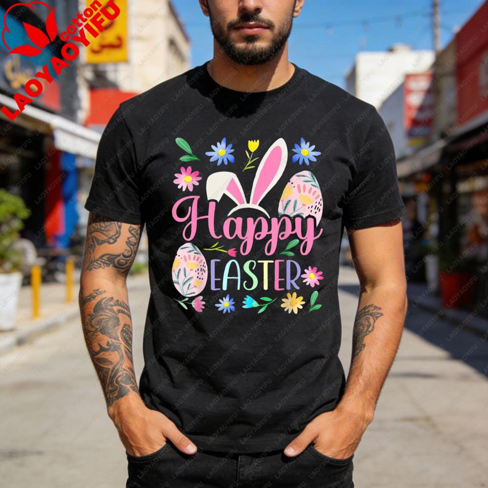 Happy Easter Bunny Eggs Flowers Spring Festival Men T Shirt Cotton Short Sleeve Summer Top Gift for Men Casual Fashion Tees