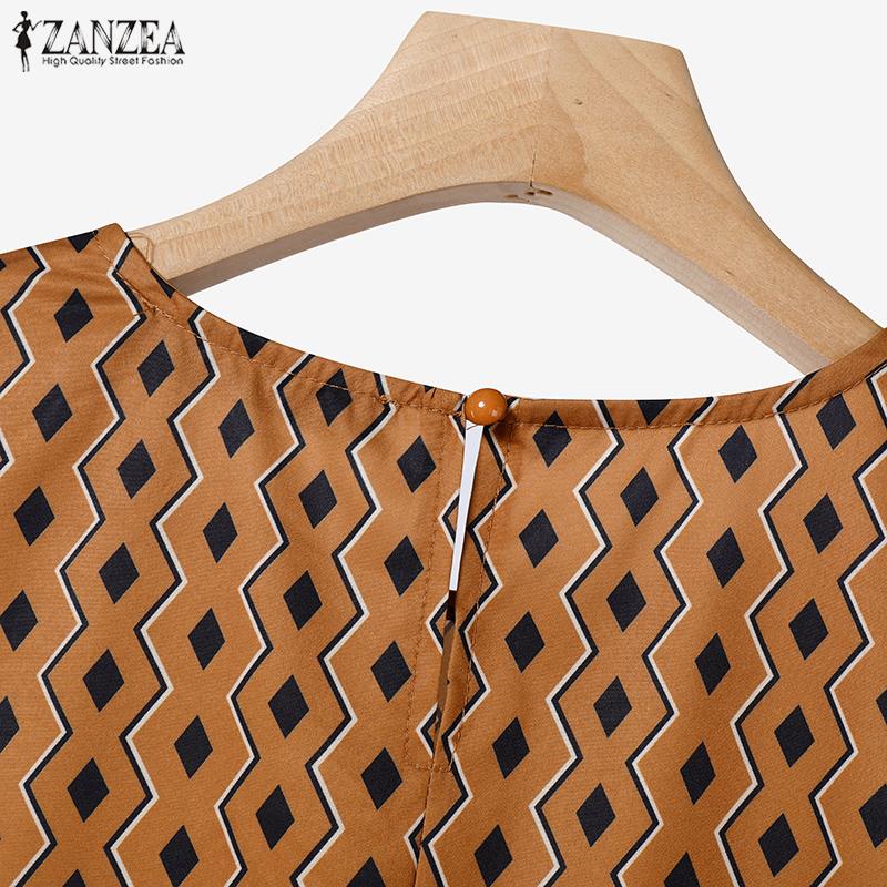 ZANZEA Женское повседневное платье с круглым вырезом и коротким рукавом в стиле ретро с принтом