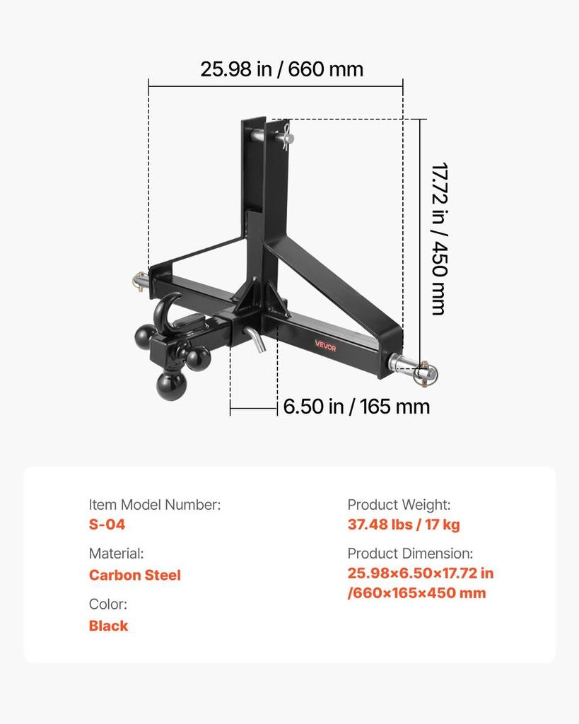 3 Point Trailer Hitch with 2 in Receiver, 3pt Quick Hitch Attachment, Heavy Duty Tractor Tow Drawbar Adapter, Compatible with Kubota, Mahindra, Ford,