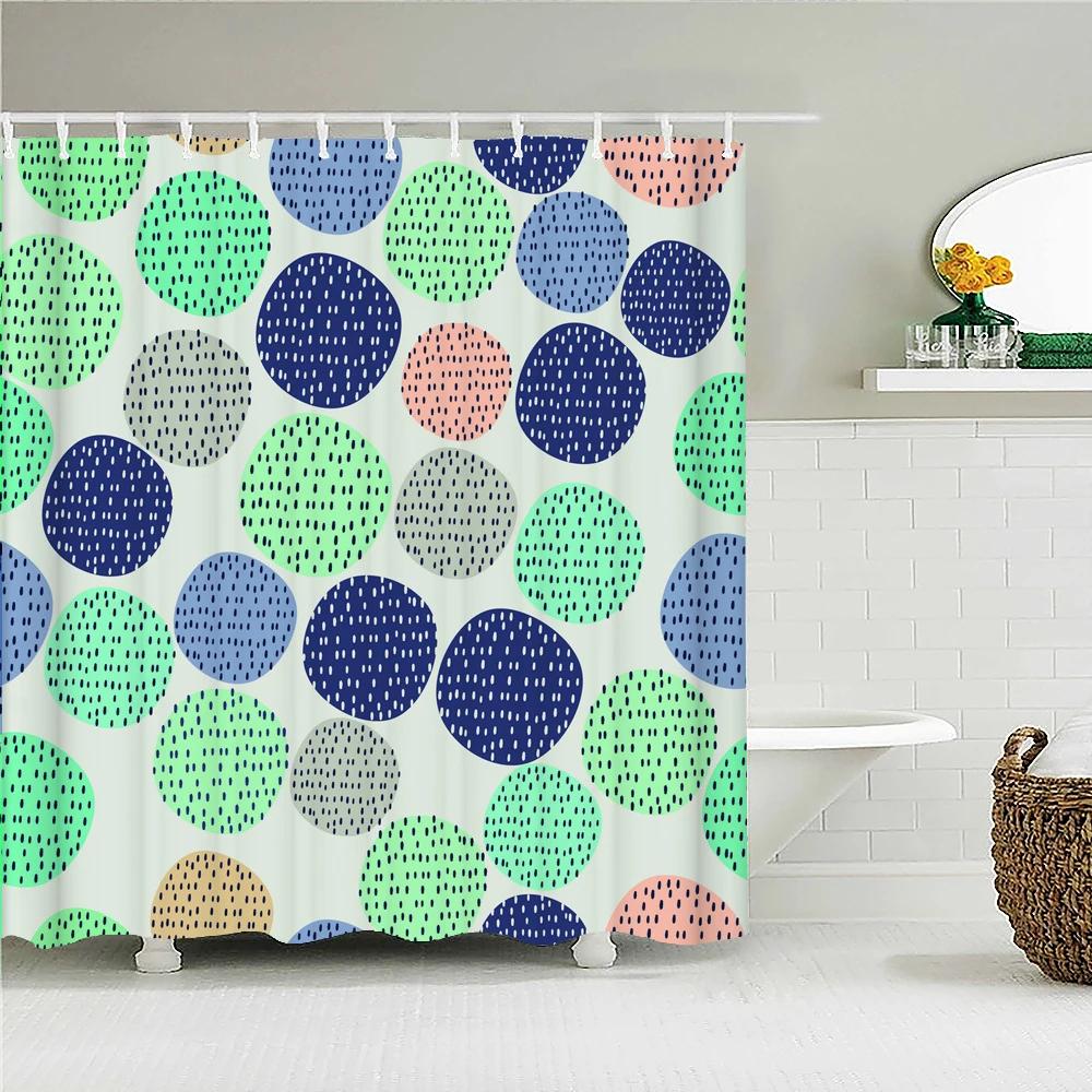 Simple Colorful Geometric Pattern Fabric Shower Curtain Bathroom Curta Round Mosaic Waterproof Bath Screen With 12 Hooks