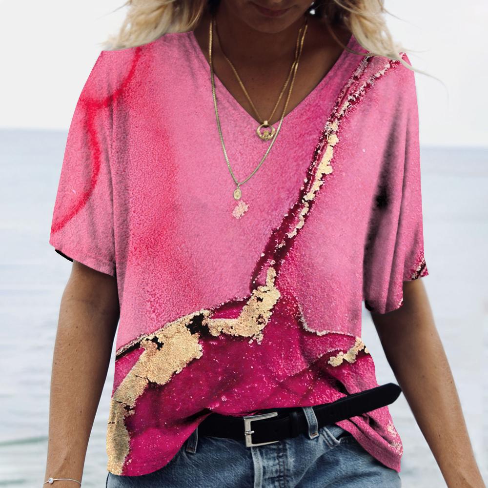 Женская футболка с 3D принтом и градиентом, одежда для девочек, блузка большого размера с v-образным вырезом, летний пуловер в стиле Харадзюку с короткими рукавами, женские повседневные топы