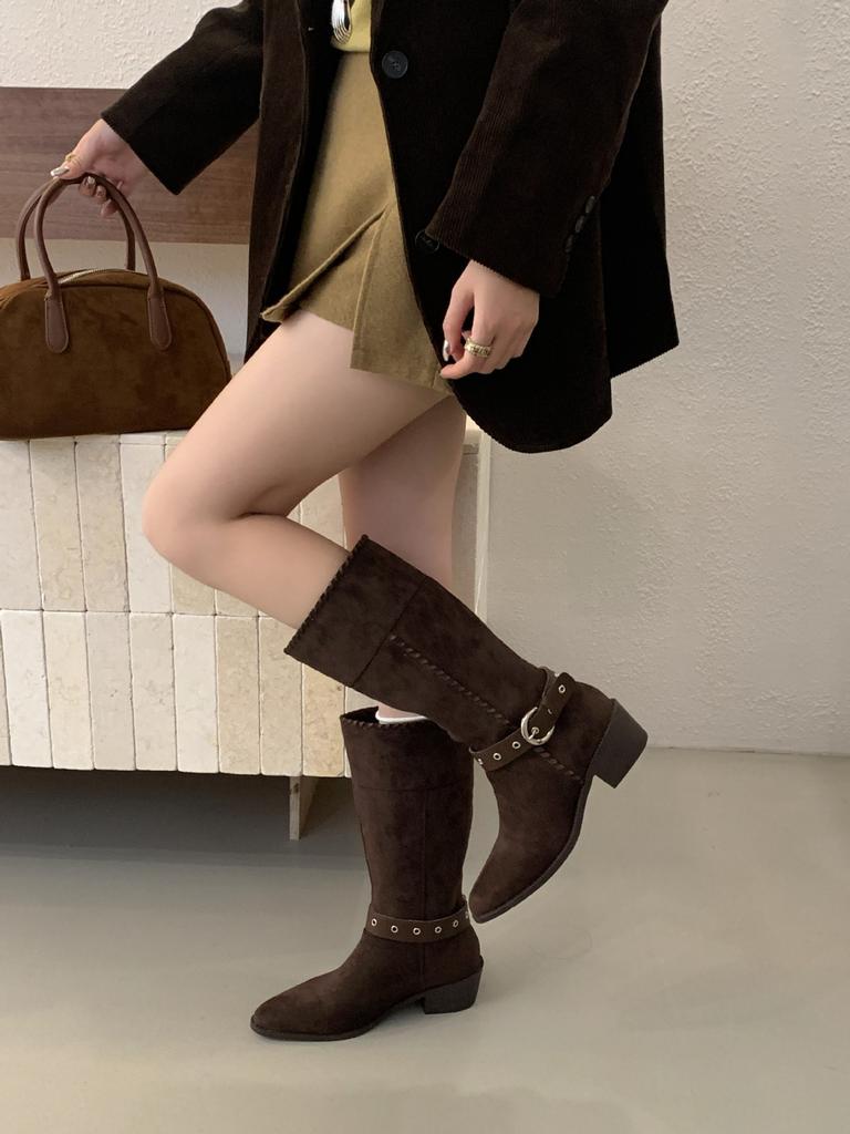 Retro Stacking Boots 2025 Autumn and Winter New Thick Heel Buckle Western Cowboy British Style Knight Boots Casual Mid Boots