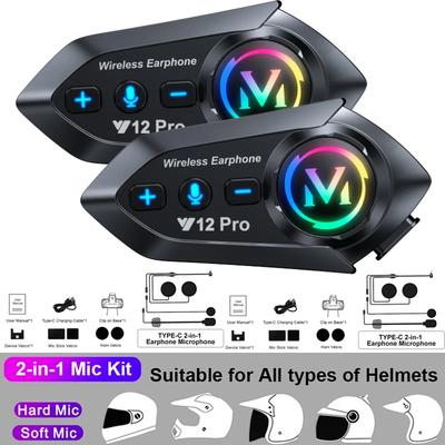 Y12 Pro Bluetooth Мотоциклетная Гарнитура Интерком Дальность 500 м RGB Подсветка IP56 Водонепроницаемая