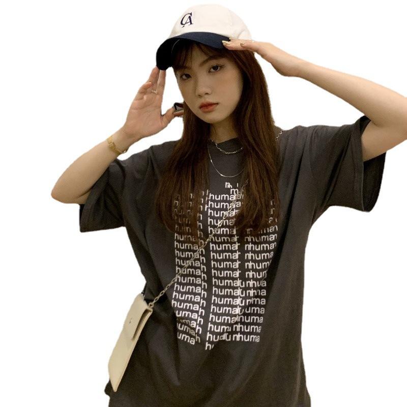 Футболка с короткими рукавами для женщин, летняя, новая, в стиле Харадзюку, с принтом букв, свободная, средней длины, студенческая футболка