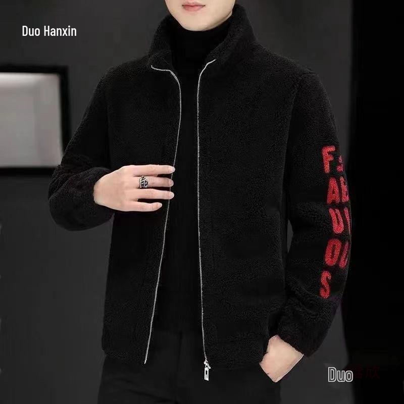 Мужское пальто из вышитой ягнячьей шерсти со стойкой воротником на осень/зиму