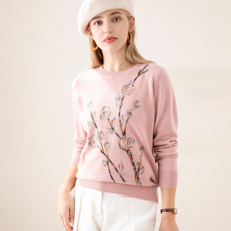 TUHUANG Women's Pure Wool Embroidered Round Neck Sweater
