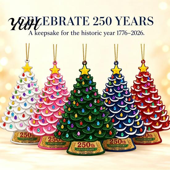 Christmas Tree Pendant 5 Pcs 2D Flat 250 Anniversary USA Ornament, Year Santa Hanging Decorations of America 1776-2026 Acrylic Patriotic Decoration
