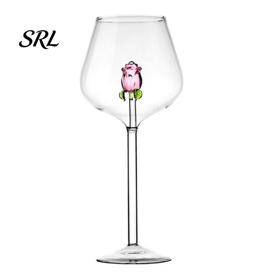 Glassware for Romantic Dates Red Wine Glass with Roses And Green Leaves Decorated, Clear Rose Decorated Goblet Decorative Glass, Elegant Crystal