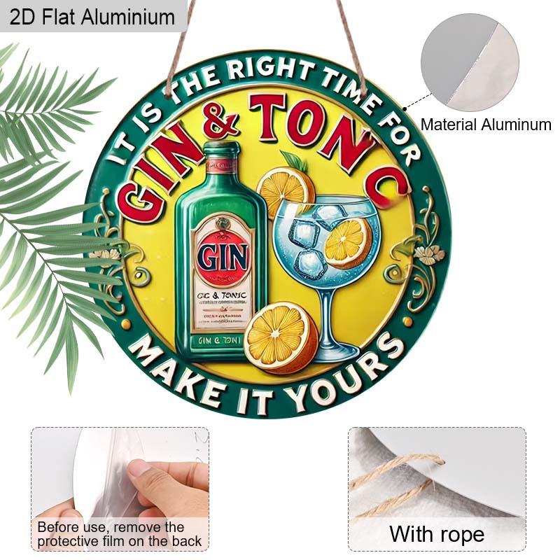 2D Flat 1pc Retro Bar Aluminum Decoration Plaque, "It's The Right Time for Gin & Tonic" Lettering Sign, Home Bar Decor, Pub Decor, Kitchen Decor