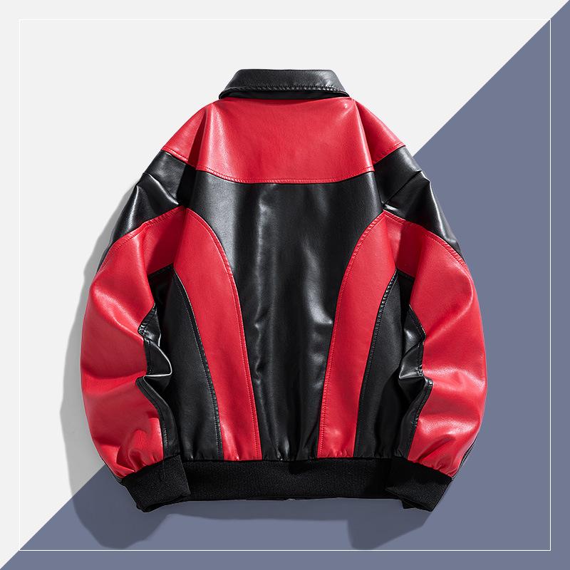 Мужская байкерская куртка из искусственной кожи с цветными блоками, свободные лацканы, прямой подол