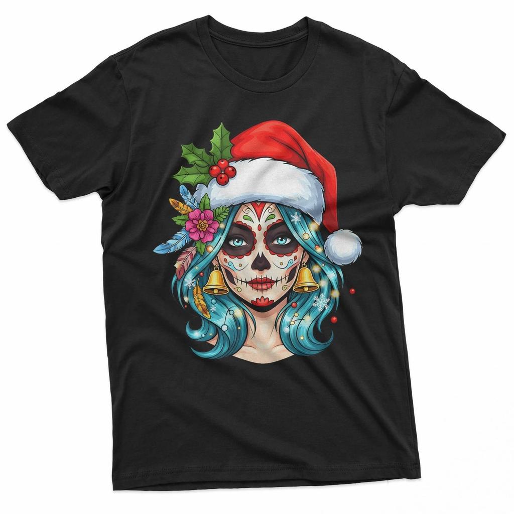 Christmas Sugar Skull Art Woman Santa Hat Festive Design 100% Cotton T-shirt Mens Tees Top
