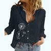 Women Fashion Floral Print Linen Top Casual Long Sleeved Buttoned Shirt Ladies Stand-collar Thin Blouse