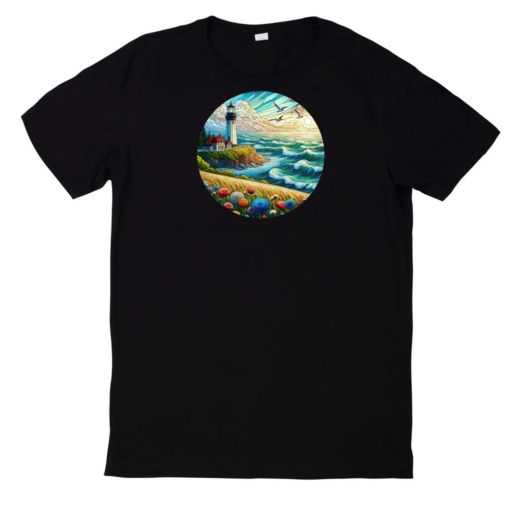 T-Shirt Buntes Buntglas Leuchtturm Motiv BaumwolleWird in neuem Fenster oder Tab geöffnet