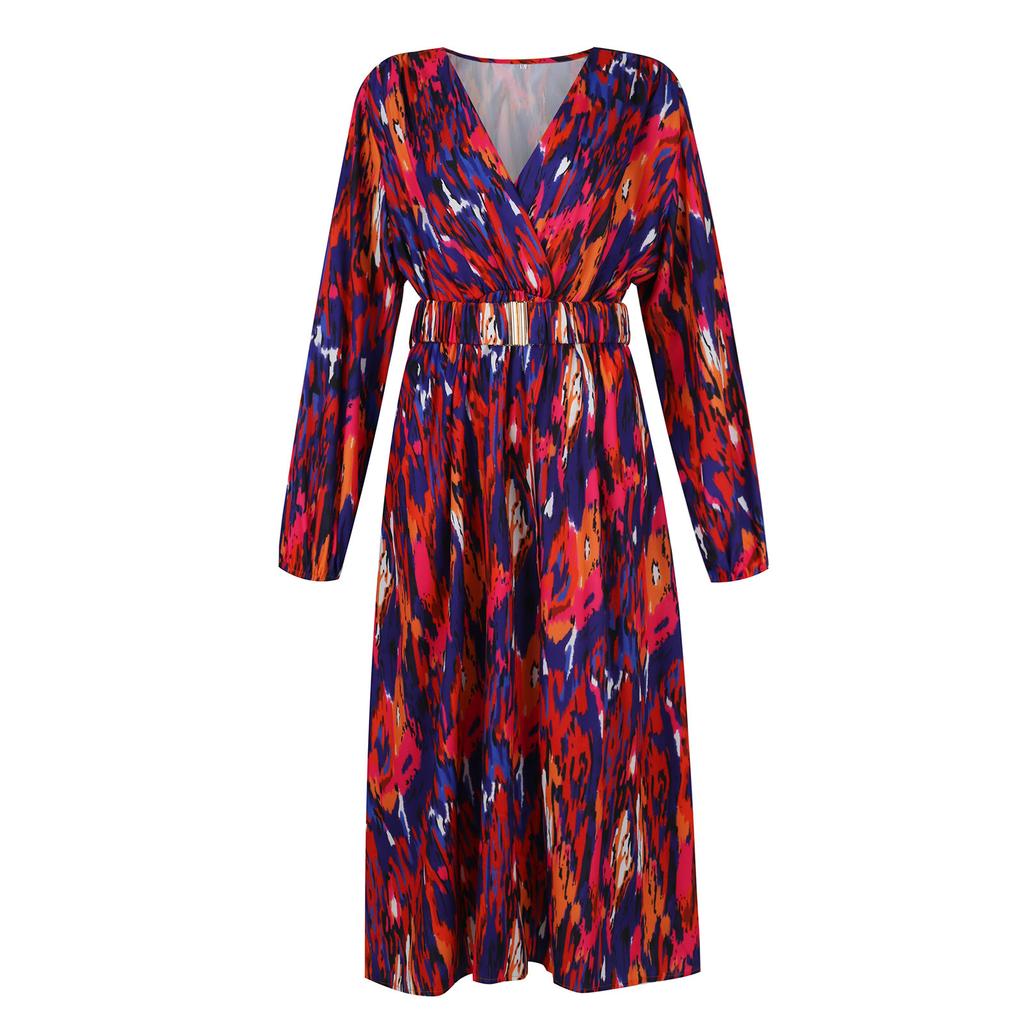 Summer Women's V-Neck Loose Fitting Long Dress Long Sleeve High Waist  Printed Midi Dress With Independent Elastic Waistband