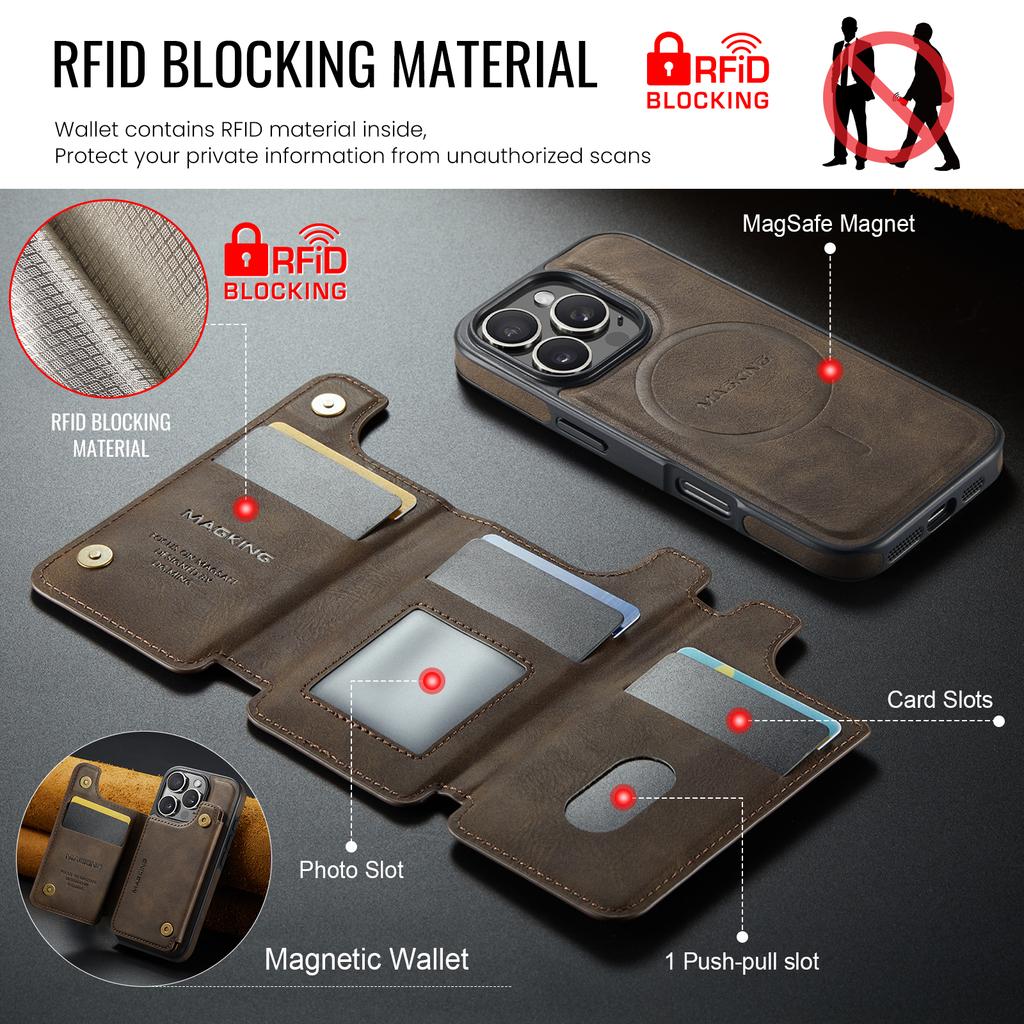 MAGKING K3 Series For iPhone 16 Pro Case Compatible with MagSafe Wallet PC+TPU+PU Phone Cover