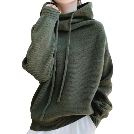 Women Sweater Pile Collar Drawstring Hooded Long Sleeve Knitting Tops Solid Color Casual Loose Fit Knitwear